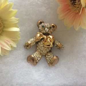 Rhinestone gold bow tie heart teddy bear brooch